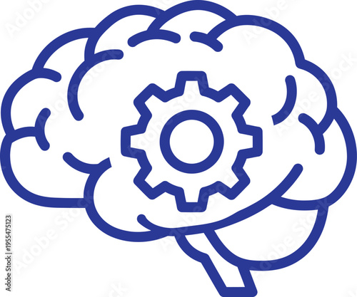 A stylized illustration of a brain with a gear in the center representing cognitive function and mechanical thinking