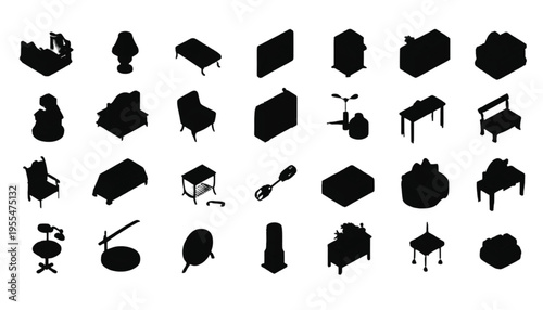Black silhouettes of diverse furniture pieces and home decor items are neatly arranged on a clean white.
