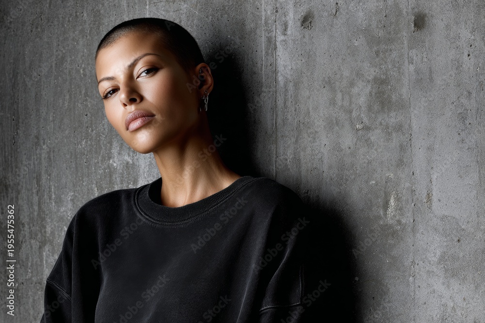 Fototapeta premium Confident woman poses against a textured concrete wall