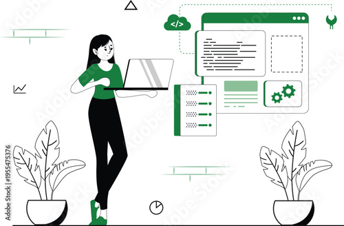 Landing Page Illustration Set – Web UI Design, SaaS Dashboard, UX Workflow, Website Development Flat Vector Characters Green Theme