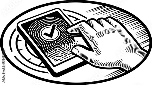 Hand touches smartphone screen displaying a verified fingerprint scan with a checkmark.