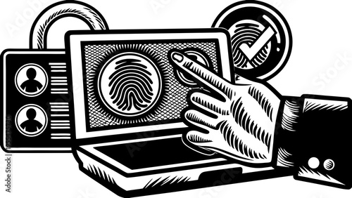 Finger touches a biometric fingerprint icon on a laptop screen for secure identity access.