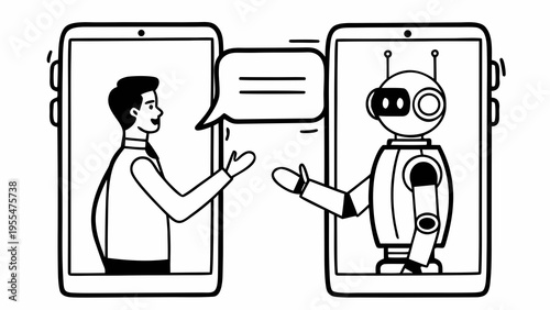 Man communicates with a robot through mobile phones displaying a digital chat interface.