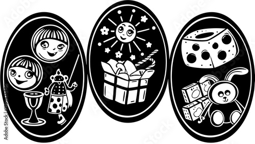 Triptych of oval icons showing children, a sunny gift box, and cheese with a stuffed rabbit toy.