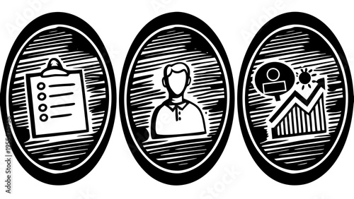 Set of three oval icons illustrates human resources management including a checklist, a person,.