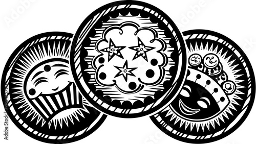 Three circular emblems feature stylized black and white drawings of a happy cupcake and stars.