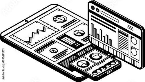 Isometric view of a tablet and smartphone displaying complex analytical dashboard interfaces and charts.
