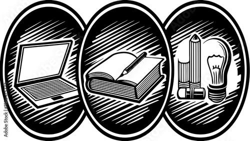 Three circular icons depict a laptop, an open book with a pencil, and a collection of writing tools with.