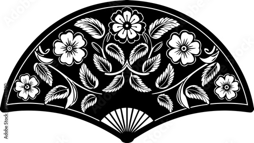 Ornate black and white traditional fan design features detailed symmetrical floral and leafy scrollwork.