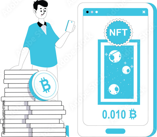 NFT Token Illustration Set – Blockchain Marketplace, Crypto Art, Digital Assets, Web3 Technology Flat Vector Characters Blue Theme