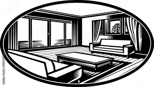 Luxurious living room interior sketch features deep shadows, textured drapery, and polished hardwood.