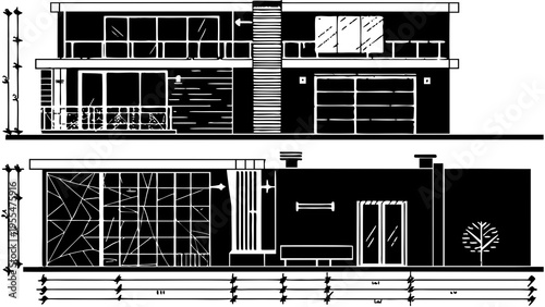 Architectural elevation and side view blueprints display precise measurements for a modern home design.