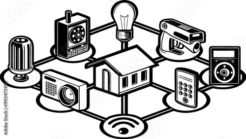 Smart home network diagram connects a central house icon to various connected devices like a lightbulb.
