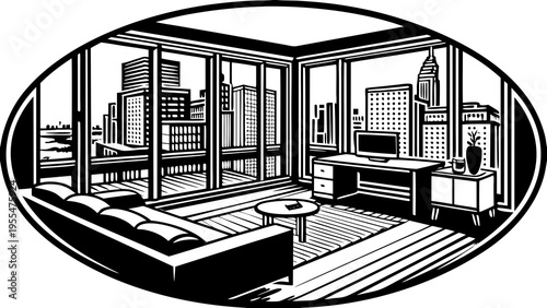 Upscale minimalist lounge area featuring a long sofa and sleek coffee table against panoramic city.