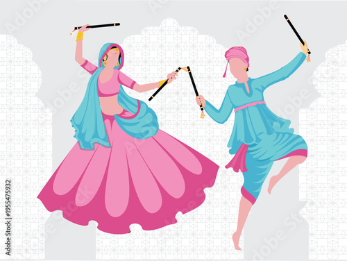 Indian Garba Dandiya Illustration Set – Navratri Festival Dance, Traditional Folk Dance, Cultural Celebration Flat Vector