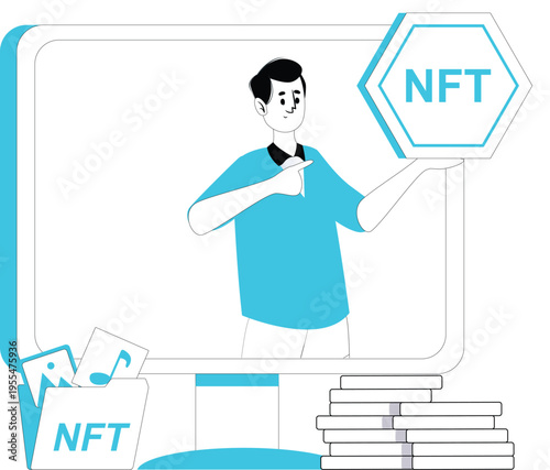 NFT Token Illustration Set – Blockchain Marketplace, Crypto Art, Digital Assets, Web3 Technology Flat Vector Characters Blue Theme