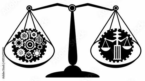 A balancing scale compares complex machinery gears against a gear containing a smaller scale symbol.