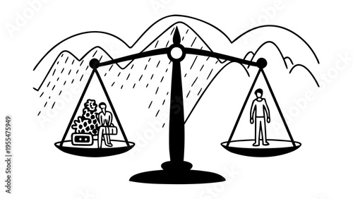 A person on a scale balances against a pile of possessions under a stormy sky illustration.
