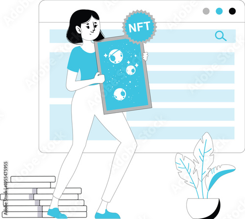 NFT Token Illustration Set – Blockchain Marketplace, Crypto Art, Digital Assets, Web3 Technology Flat Vector Characters Blue Theme
