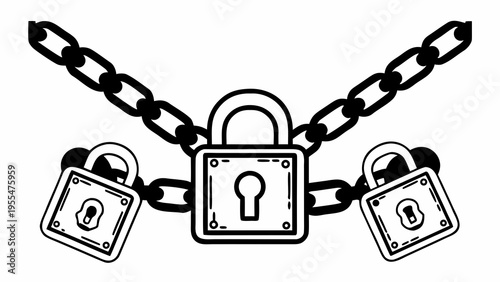 Three heavy padlocks are connected by thick, linked metal chains in a simple graphic drawing.