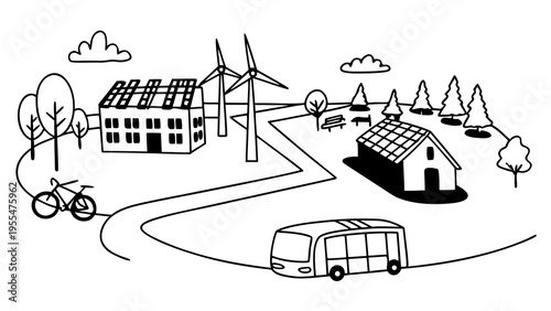 Linear drawing illustrates an eco-conscious village with renewable energy sources and sustainable.