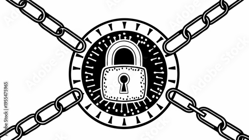 A central metal padlock is heavily secured by four thick, intersecting chains against a white background.