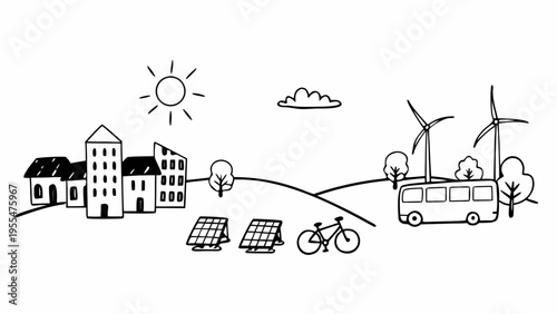 Doodle sketch depicts a sustainable community featuring solar panels, wind turbines, and clean.