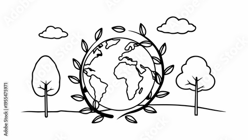 Planet Earth encircled by growing leaves and flanked by simple trees under small scattered clouds.