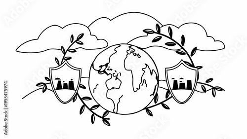 Global protection concept shows the Earth shielded by shields featuring factory smokestacks and leafy.