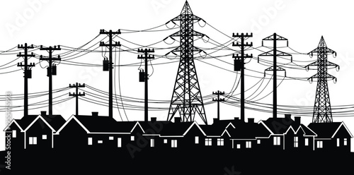 Residential electrical grid illustration, transmission towers and utility poles, urban power distribution artwork, electricity infrastructure vector, suburban energy network design