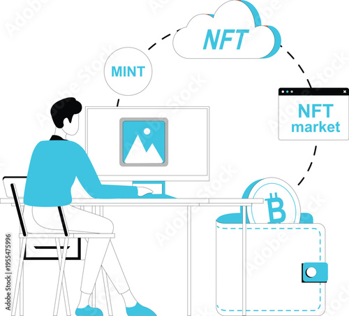 NFT Token Illustration Set – Blockchain Marketplace, Crypto Art, Digital Assets, Web3 Technology Flat Vector Characters Blue Theme