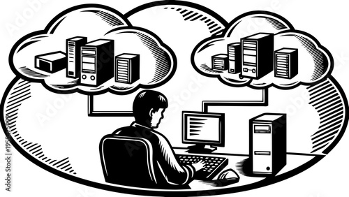 User interacts with networked cloud servers and remote storage systems from a desktop computer setup.
