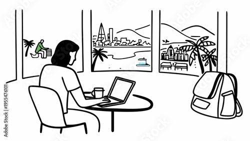 Woman works on laptop overlooking a scenic coastal city view from indoors.