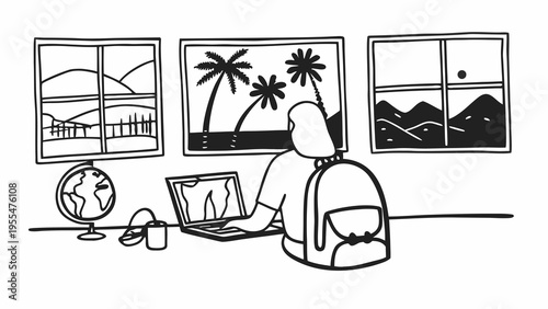 A student works remotely on a laptop viewing tropical palm trees through a window.