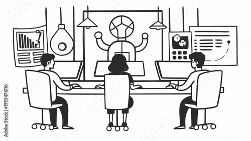 Three engineers collaborate in a brightly lit office while working on a central robot design mockup.