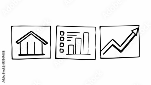 Hand-drawn icons depict finance, data analysis, and upward growth trends in black outline.