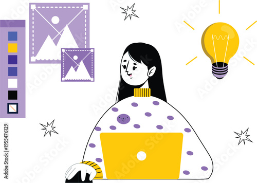 UI UX Designer Illustration Set – Creative Workspace, Web Design, Mobile App Design, Digital Artist Flat Vector Characters Purple Yellow Theme