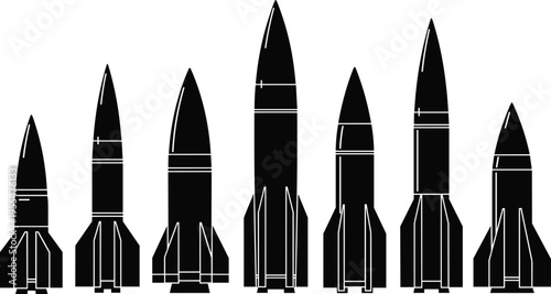 Rocket lineup silhouette illustration, aerospace engineering artwork, space exploration design concept, black and white vector template collection set