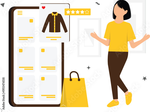 E-commerce Mobile App Illustration Set – Online Shopping, Buy Now, Product Listing, QR Code Payment, Flat Vector Characters Yellow Theme