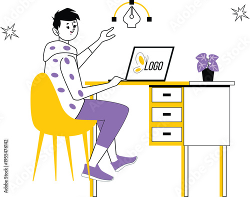 UI UX Designer Illustration Set – Creative Workspace, Web Design, Mobile App Design, Digital Artist Flat Vector Characters Purple Yellow Theme