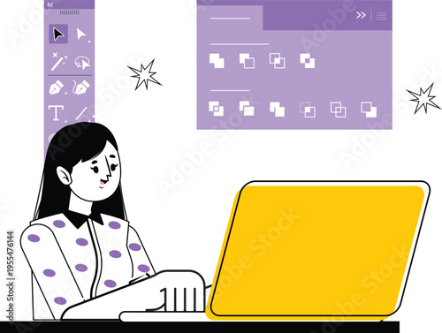 UI UX Designer Illustration Set – Creative Workspace, Web Design, Mobile App Design, Digital Artist Flat Vector Characters Purple Yellow Theme