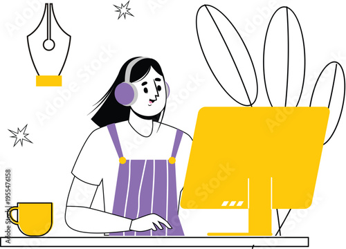 UI UX Designer Illustration Set – Creative Workspace, Web Design, Mobile App Design, Digital Artist Flat Vector Characters Purple Yellow Theme