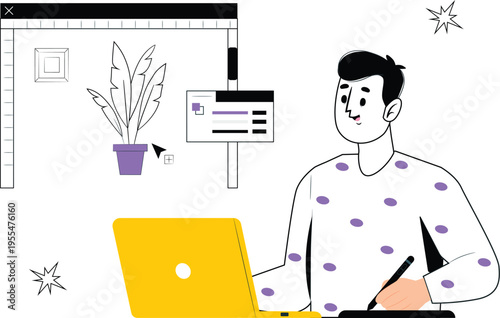 UI UX Designer Illustration Set – Creative Workspace, Web Design, Mobile App Design, Digital Artist Flat Vector Characters Purple Yellow Theme