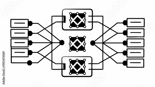 Abstract network schematic illustrates data routing through central processing nodes and terminals.