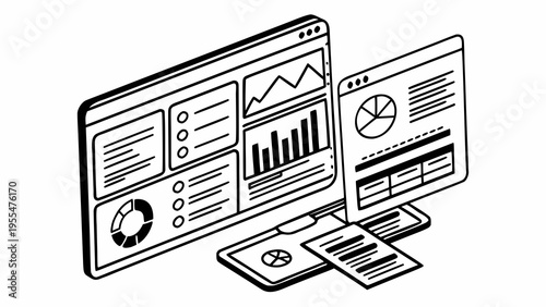 Isometric view of multiple digital dashboards showing charts and graphs on floating screens.
