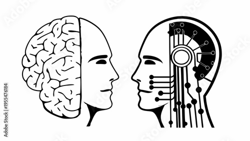 Human brain contrasts sharply with a cyborg head displaying internal circuitry and wires.