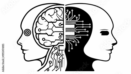 Two head profiles showing human brain structure merging with digital circuit boards represents.