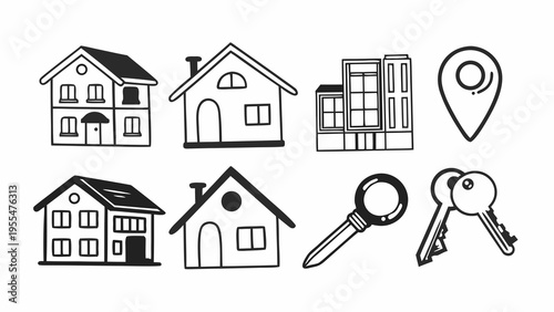 Doodle style icons display various housing types, keys, and a location marker for real estate concepts.