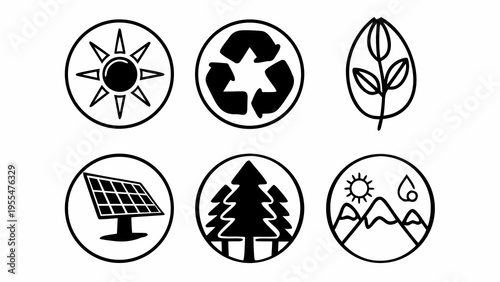 A collection of six black and white circular icons represents environmental protection themes.
