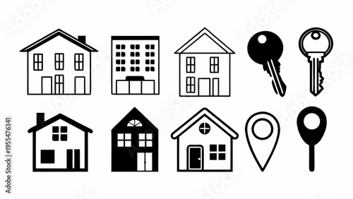 Real estate icons feature outline illustrations of houses, an apartment building, keys, and map location.